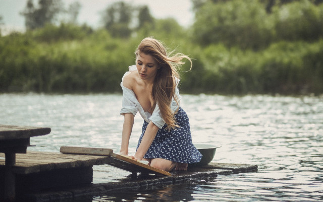 Woman dock water tree beach free wallpaper - medium preview image