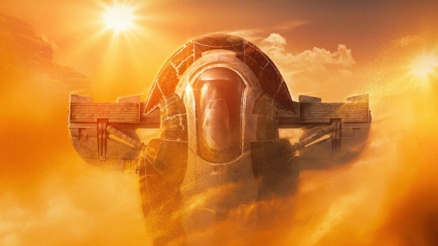 Afrofuturism spaceship sunset cityscape mountain free wallpaper - medium preview image