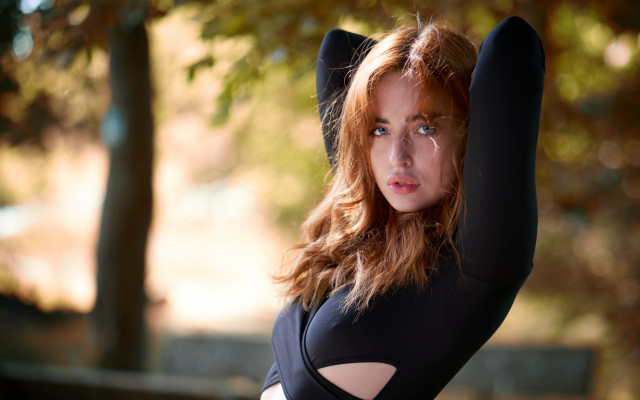 Black bodysuit posing trees blonde free wallpaper - medium preview image