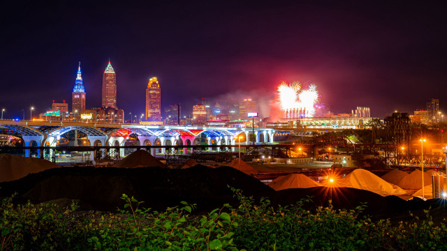 City skyline bridge fireworks night free wallpaper - medium preview image