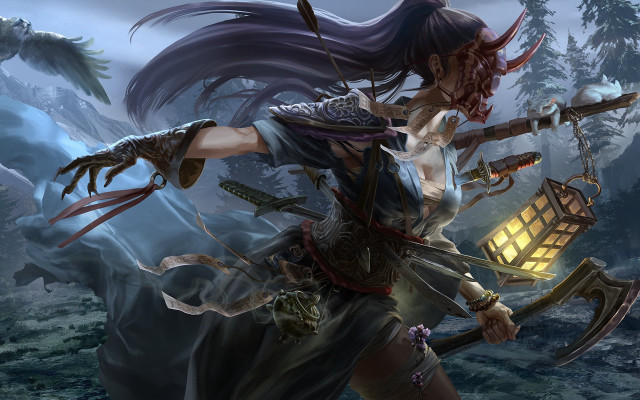 Woman sword lantern forest mountain free wallpaper - medium preview image