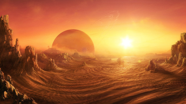 Planet sunset cityscape mountain ocean free wallpaper - medium preview image