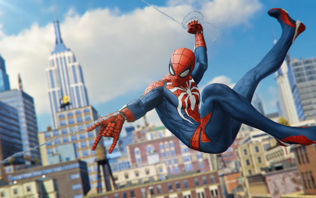 Spiderman flying cityscape skyscrapers urban free wallpaper - medium preview image