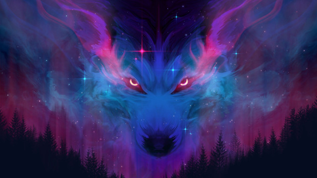 Glowing blue wolf starry night free wallpaper - medium preview image