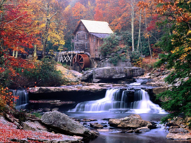 Small waterfall wooden building bridge free wallpaper - medium preview image