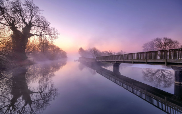 Bridge river foggy sunset autumn free wallpaper - medium preview image