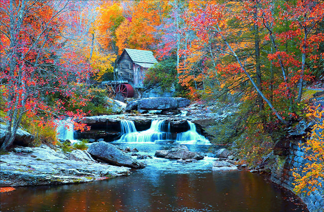 Waterfall forest cabin fall foliage free wallpaper - medium preview image