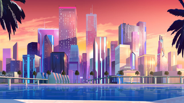 City pool palm trees sunset free wallpaper - medium preview image