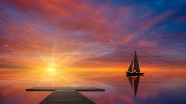 Sailboat dock sunset mountain cityscape free wallpaper - medium preview image