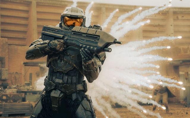 Futuristic suit man shooting smoke free wallpaper - medium preview image