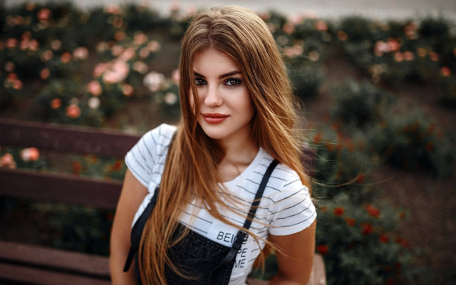 Woman longhair striped shirt bench free wallpaper - medium preview image