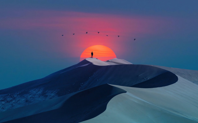Sunset mountain birds person desert free wallpaper - medium preview image