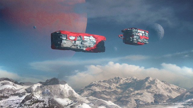 Red objects floating mountains moon free wallpaper - medium preview image