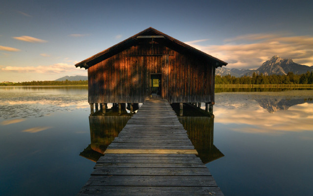 Wooden dock house lake mountains free wallpaper - medium preview image