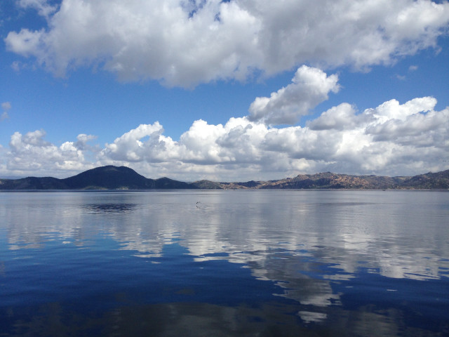 Lake mountain clouds hills bridge free wallpaper - medium preview image