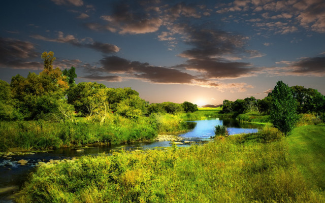 River forest sunset cloudy sky free wallpaper - medium preview image