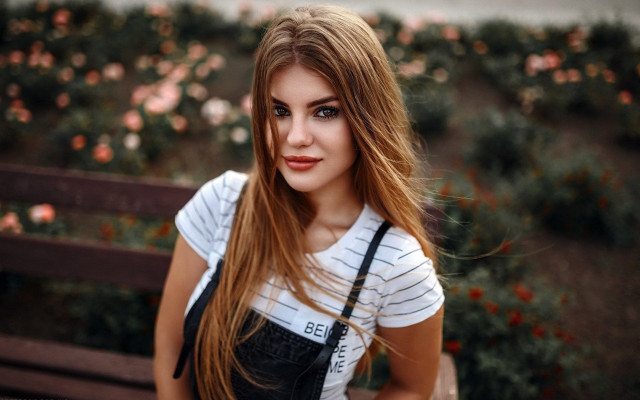 Woman longhair stripedshirt flowers bench free wallpaper - medium preview image
