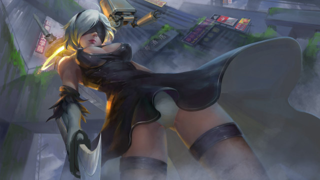 Yorha android sword cityscape blackdress free wallpaper - medium preview image