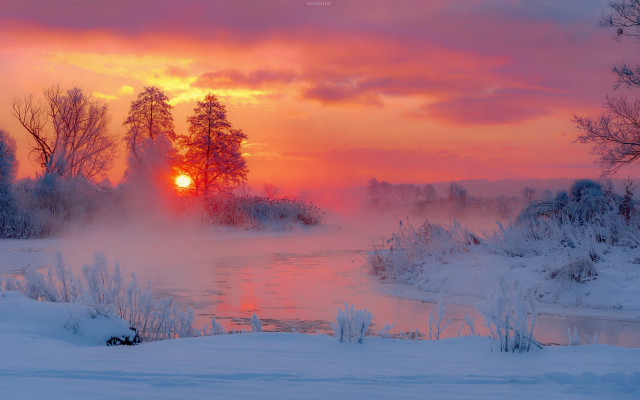 River steam sunset trees snow free wallpaper - medium preview image