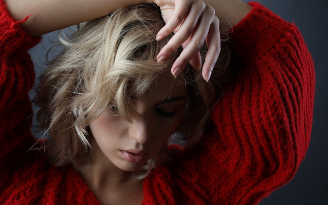 Blonde woman red sweater hands free wallpaper - medium preview image