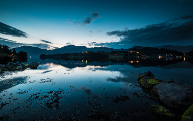 Lake rocks night clouds city free wallpaper - medium preview image
