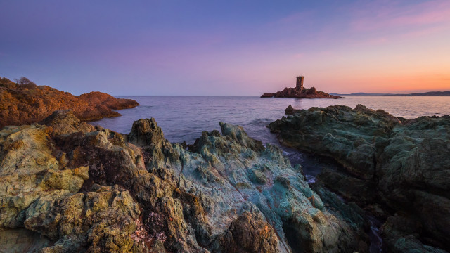 Lighthouse rocky shore sunset pink #2 free wallpaper - medium preview image