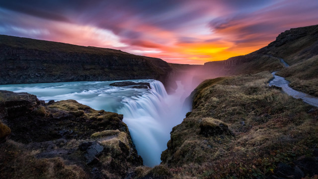 Waterfall sunset river bridge landscape free wallpaper - medium preview image