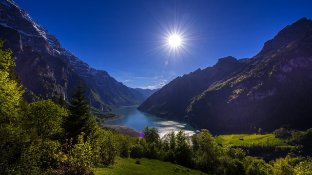Mountain lake forest sunlight landscape free wallpaper - medium preview image