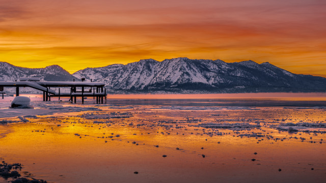 Pier mountains sunset lake snow free wallpaper - medium preview image