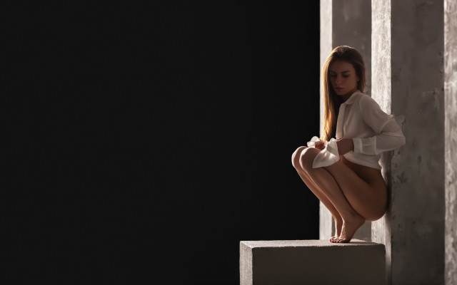 Woman ledge white shirt skirt free wallpaper - medium preview image