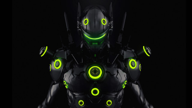 Glowing green robot cyberpunk ai free wallpaper - medium preview image