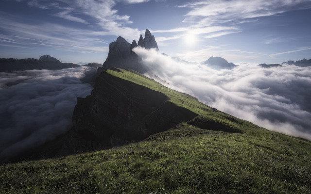Mountain grassyfield sun clouds ocean free wallpaper - medium preview image