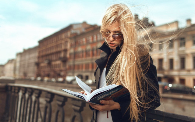 Woman reading bridge river city free wallpaper for desktop - medium preview image