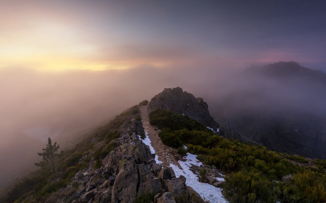 Mountain trail fog clouds dusk free wallpaper - medium preview image