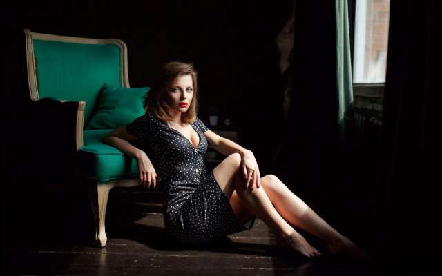 Woman sitting green chairs figurative free wallpaper - medium preview image