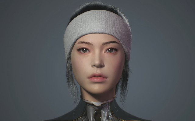 Woman whiteheadband whitehat graybackground cyberpunk free wallpaper - medium preview image