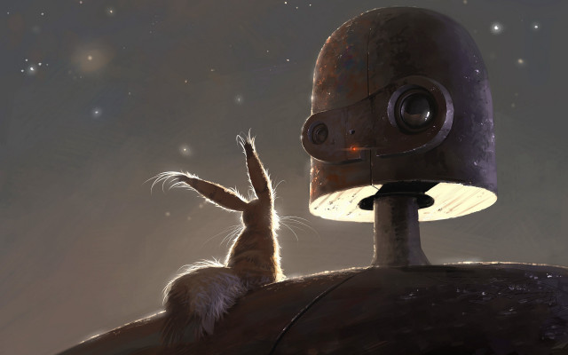 Rabbit robot solarpunk space illustration free wallpaper - medium preview image