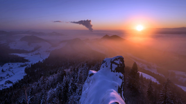Sunset snowy mountain steam stack free wallpaper - medium preview image