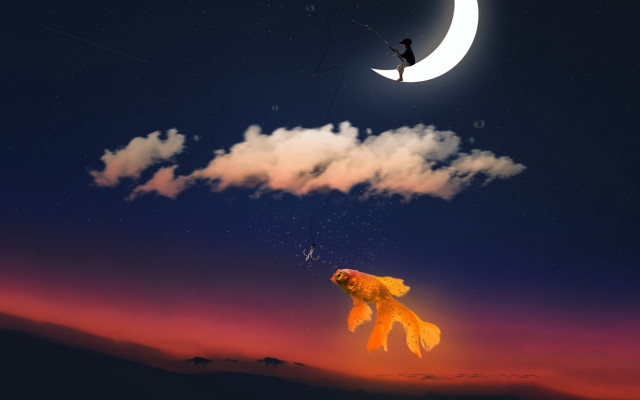 Goldfish kite moonlit background illustration free wallpaper - medium preview image