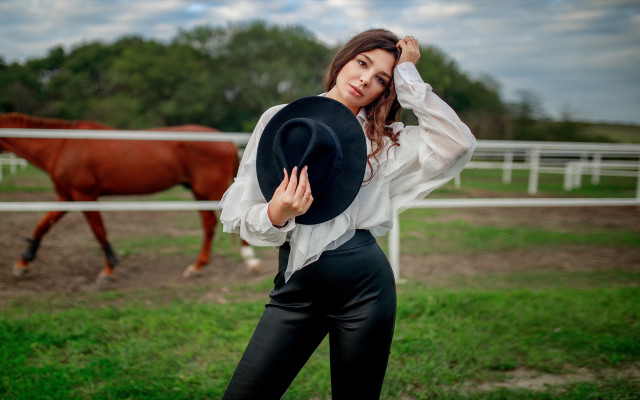 Woman horse field white shirt free wallpaper - medium preview image