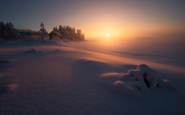 Sunset snowy landscape house trees free wallpaper - medium preview image