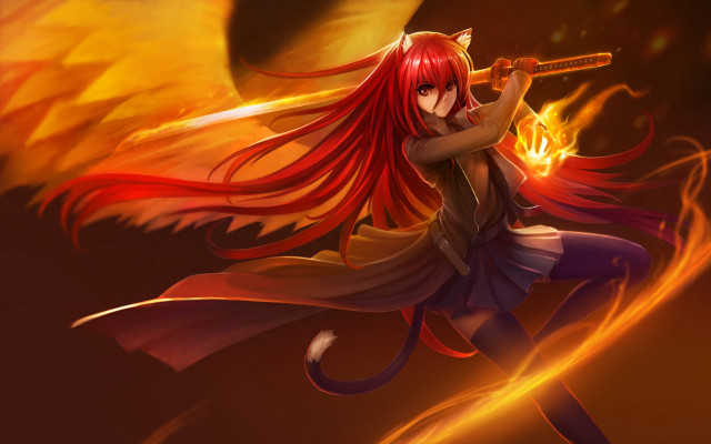 Girl flame sword anime wings free wallpaper - medium preview image