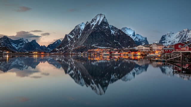 Mountain lake night red house free wallpaper - medium preview image
