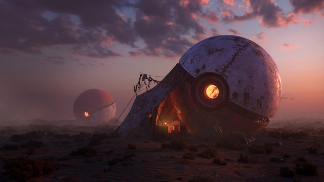Desert sunset retrofuturism dystopian city free wallpaper - medium preview image