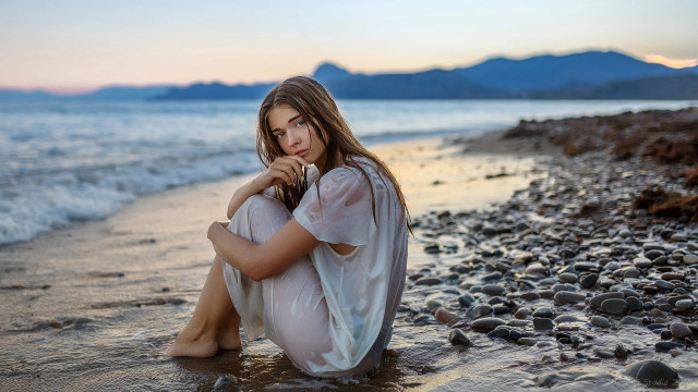 Woman beach white dress camera free wallpaper for desktop - medium preview image
