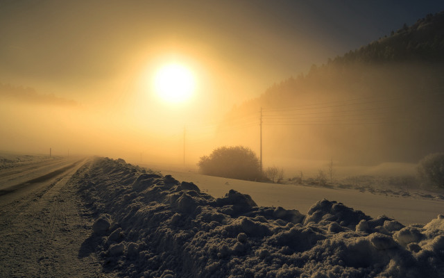 Snowy road foggy sunrise mountains free wallpaper - medium preview image