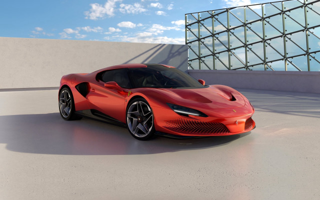 Red sports car building sky free wallpaper - medium preview image