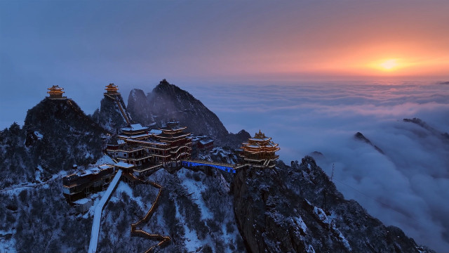 Mountain clouds buildings sunset fantasy free wallpaper - medium preview image