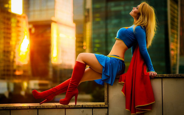 Woman blue top red skirt free wallpaper - medium preview image