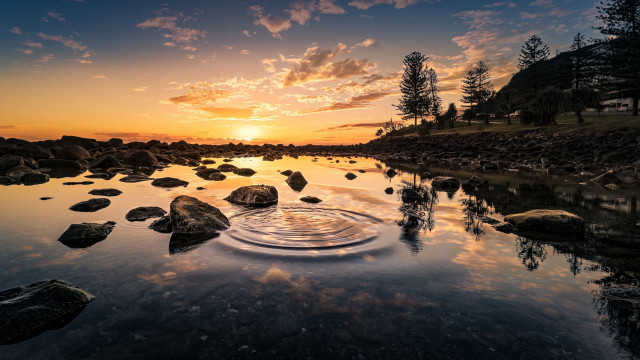 Sunset lake rocks water tree free wallpaper - medium preview image